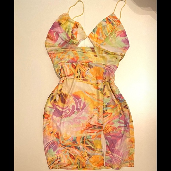 Fashion Nova Yellow Multi Color Mini Dress with Slit - Picture 1 of 1